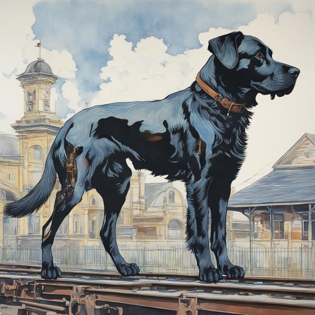 Dog and Railway Station in Gouache Watercolor