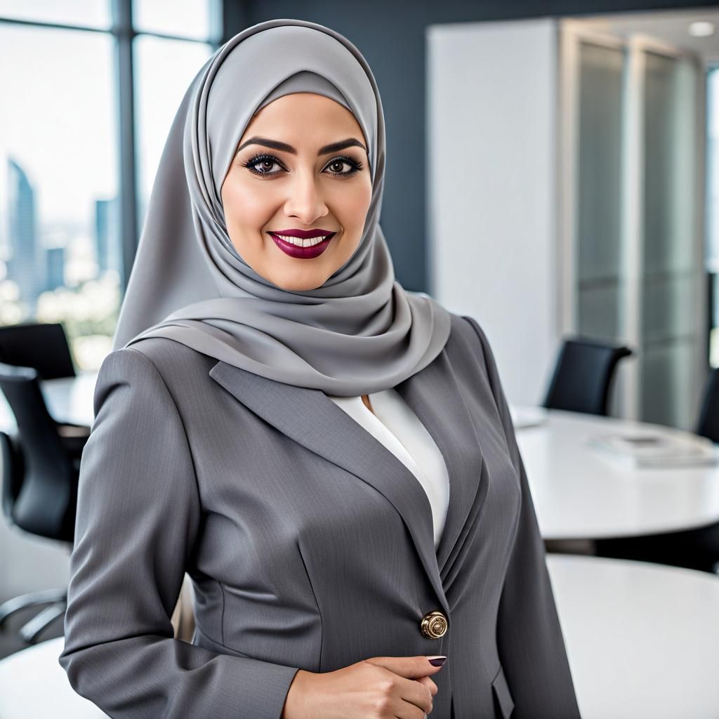 Elegant Middle Eastern Businesswoman in Grey Suit