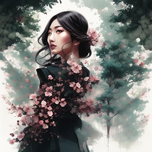 Double Exposure Portrait of Girl with Blossoms and Bird