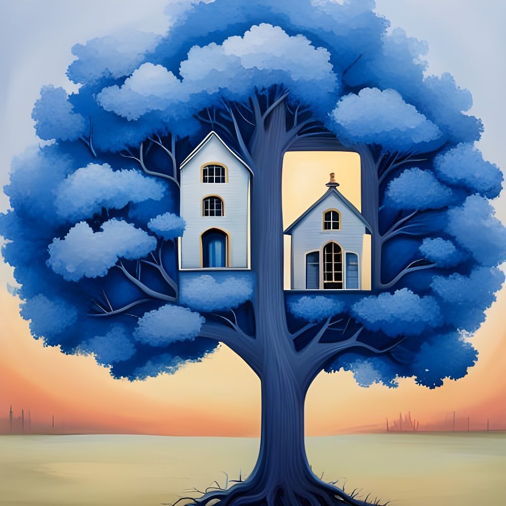 Magnificent Blue Village Tree with Houses