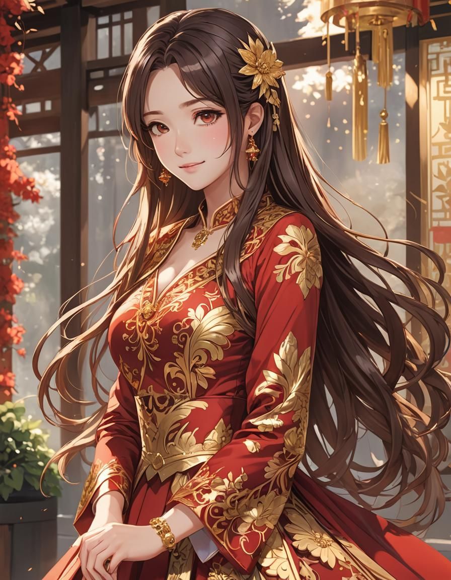 A beautiful young woman with long hair in a beautiful Red and gold dress, shy smile half body portrait, by artist "anime...