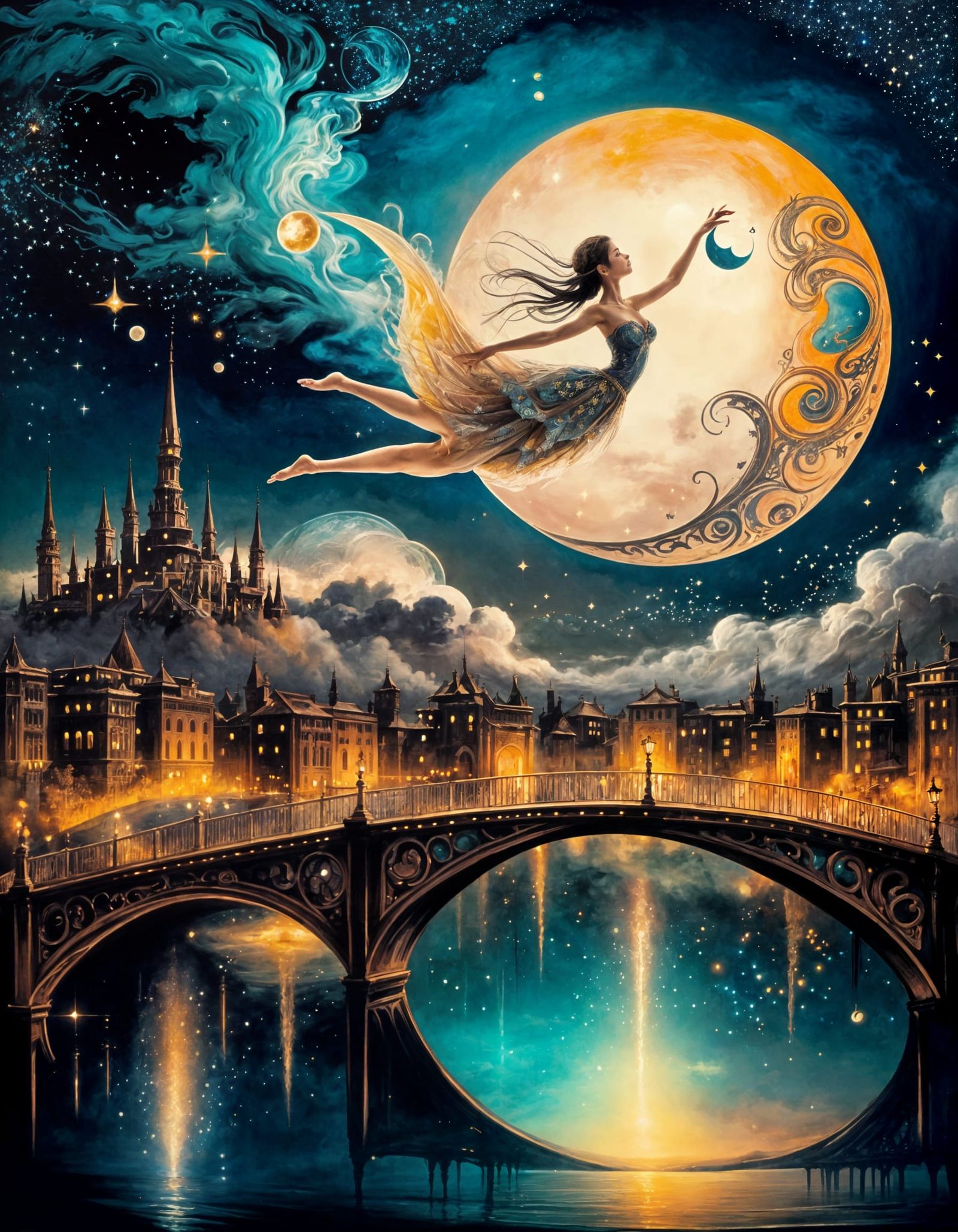 Celestial Moon Over Fairytale Cityscape