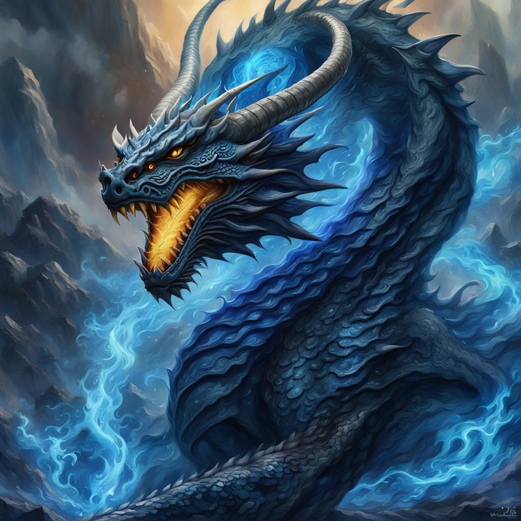 Majestic Dragon Engulfed in Blue Flames as Oil Painting