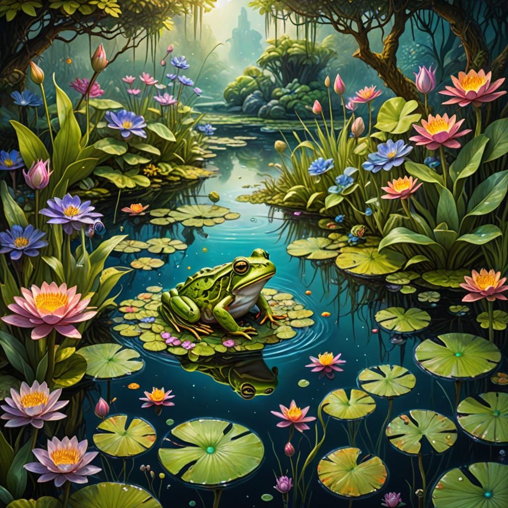 Surrealistic Pond Scene with Intricately Detailed Pippin Fro...