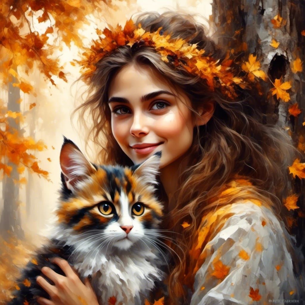 Beautiful Woman with Cat in Autumn Sunlight
