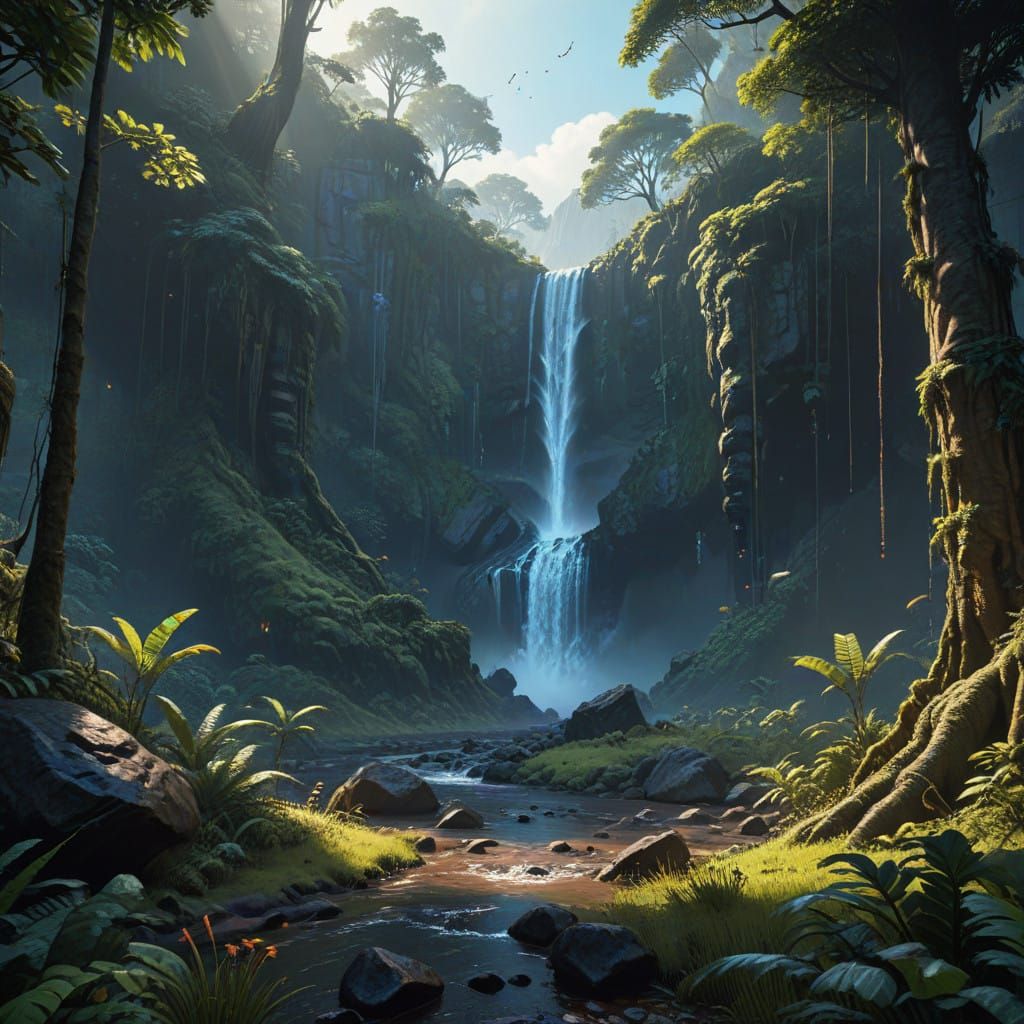 Surreal Rainforest Reveal in Realistic Cyberpunk Style