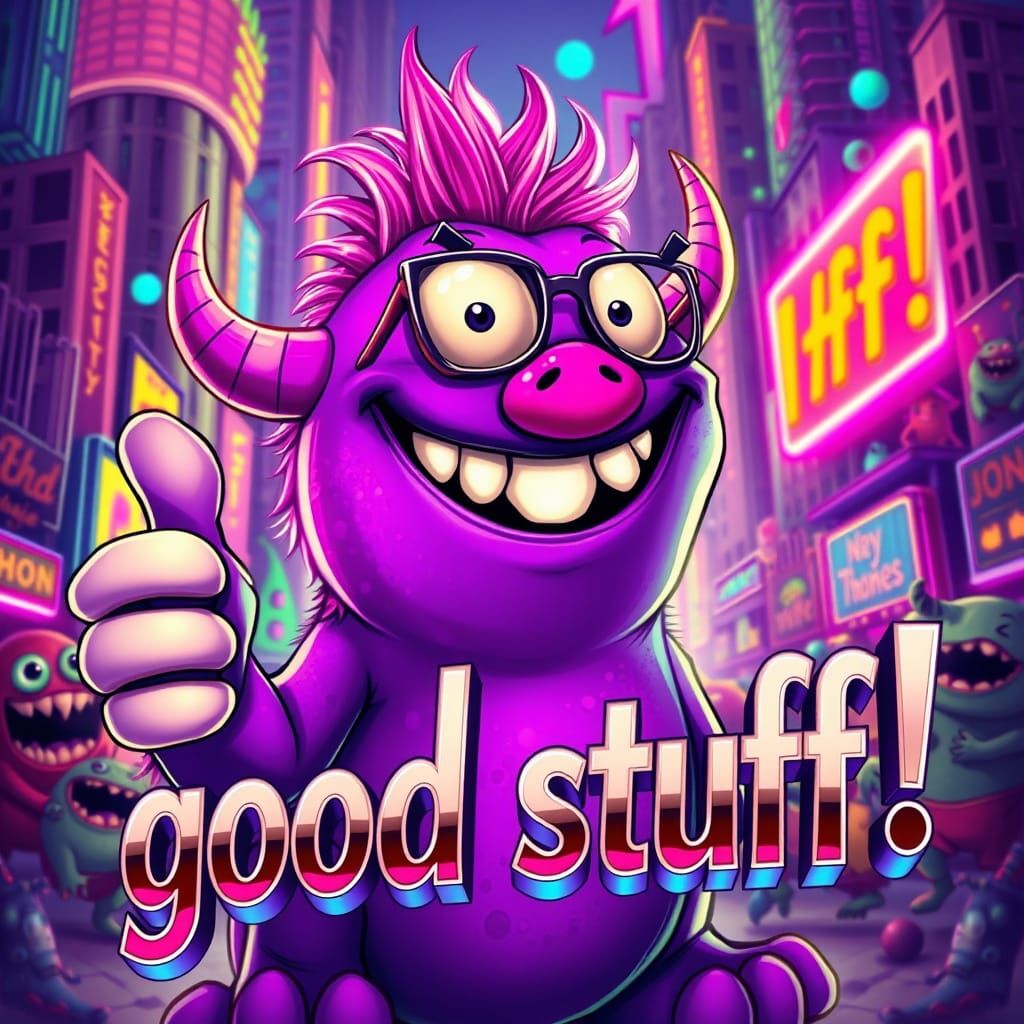 Delighted Purple Monster Glimmers in Vibrant Metropolis
