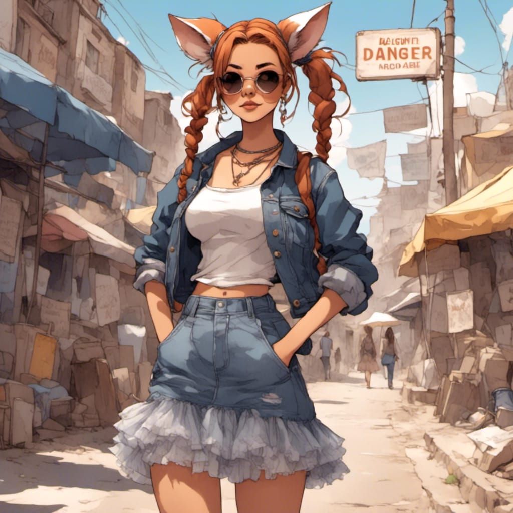 Fox-girl VIXEN wearing braided pigtails, sunglasses, Jean jacket, tulle skirt, a sign that's says, DANGER AHEAD in backg...