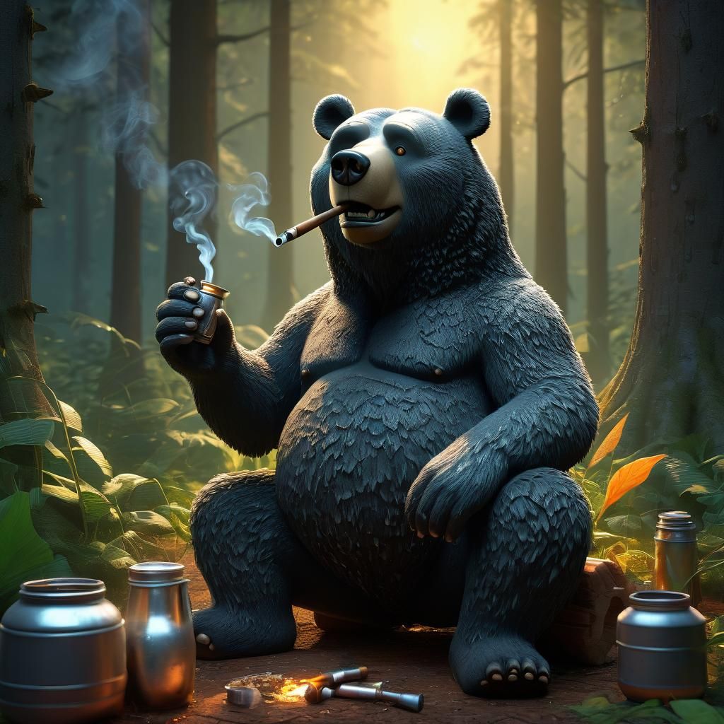 Bear Smoking Pipe in Woods: Pixar-Style 3D Art
