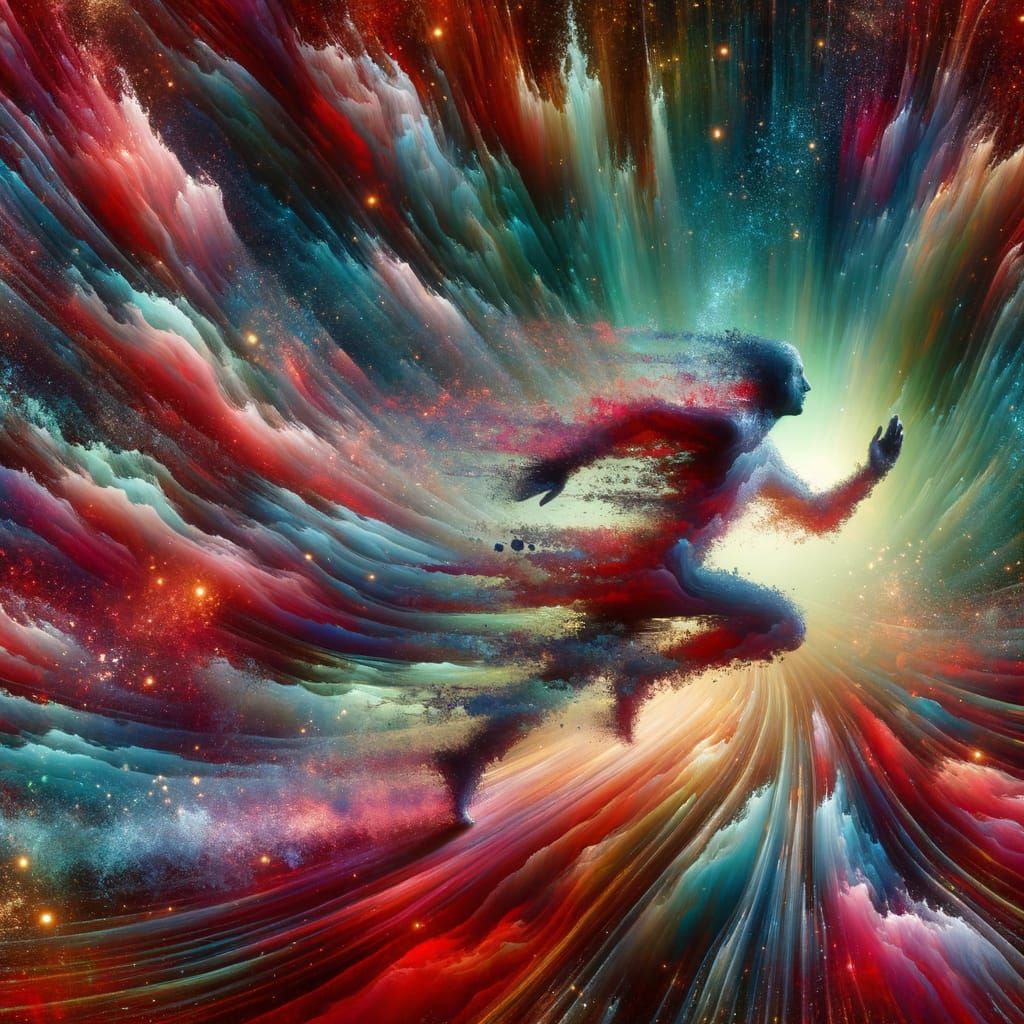 Cosmic Splash Art of a Speeding Silhouette in a Dreamlike Wo...