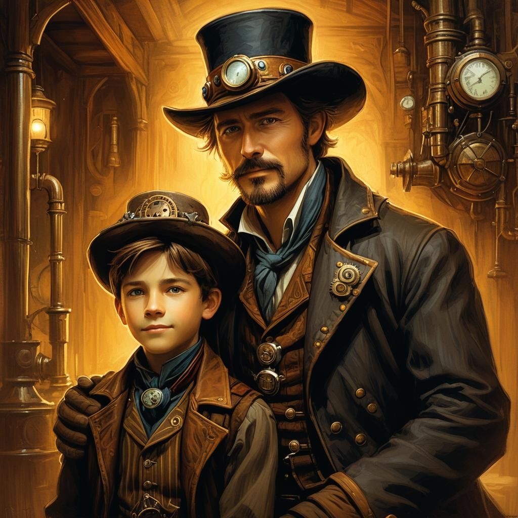 Steampunk Wild West Father-Son Portrait: Digital Art