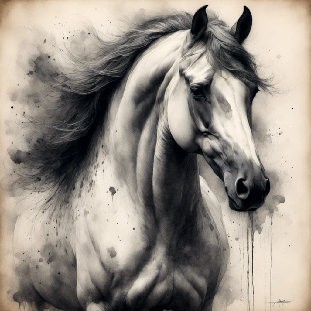 Stallion Portrait in Charcoal Sketch Style