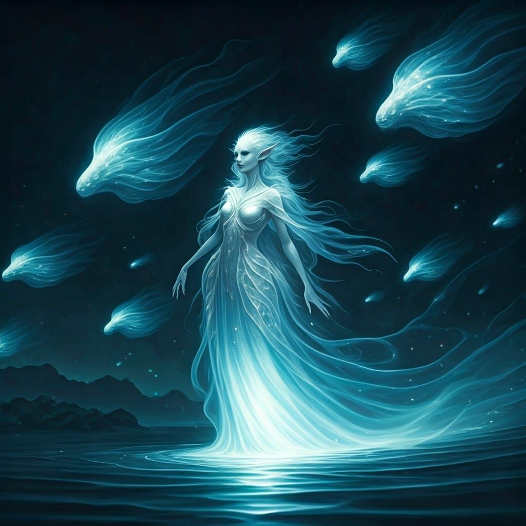 Ethereal Quicksilver Fey in a Whimsical Water Swarm