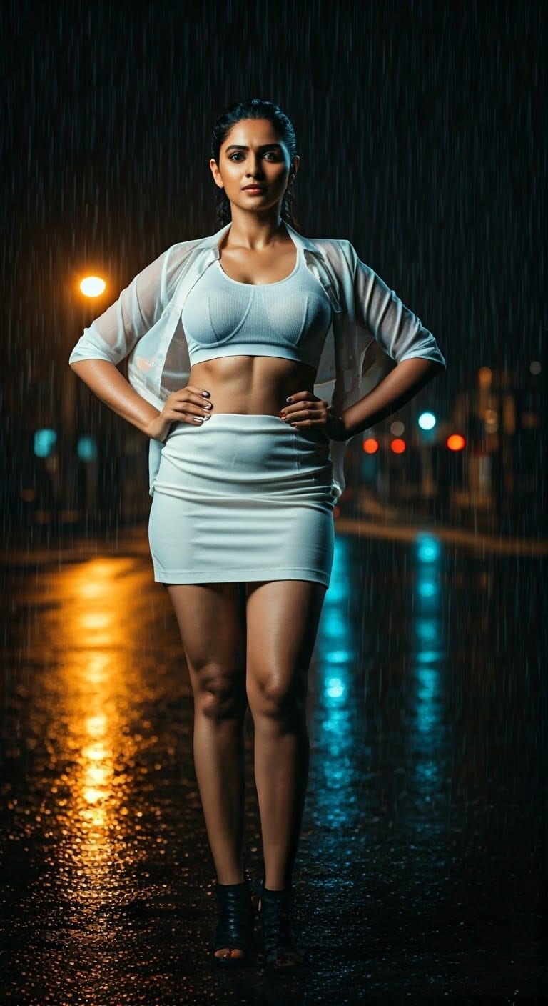 Confident Indian Beauty in Rainy Cityscape