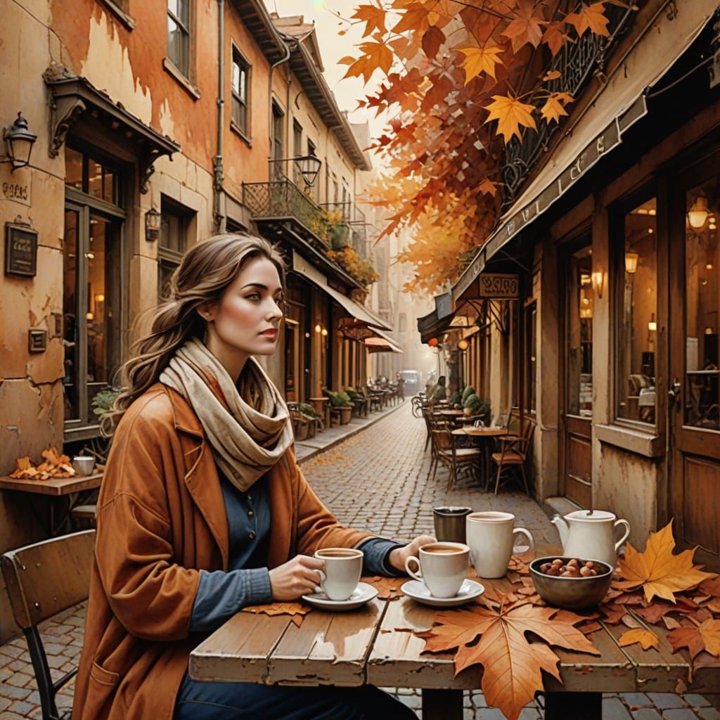 Collage Art of Woman at Cafe in Autumn