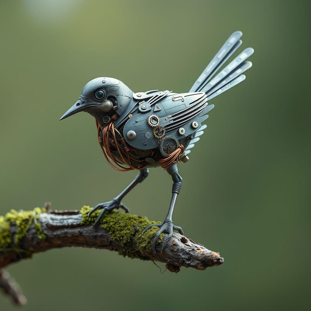 Mechanical Bird Perched on Branch: Digital Art
