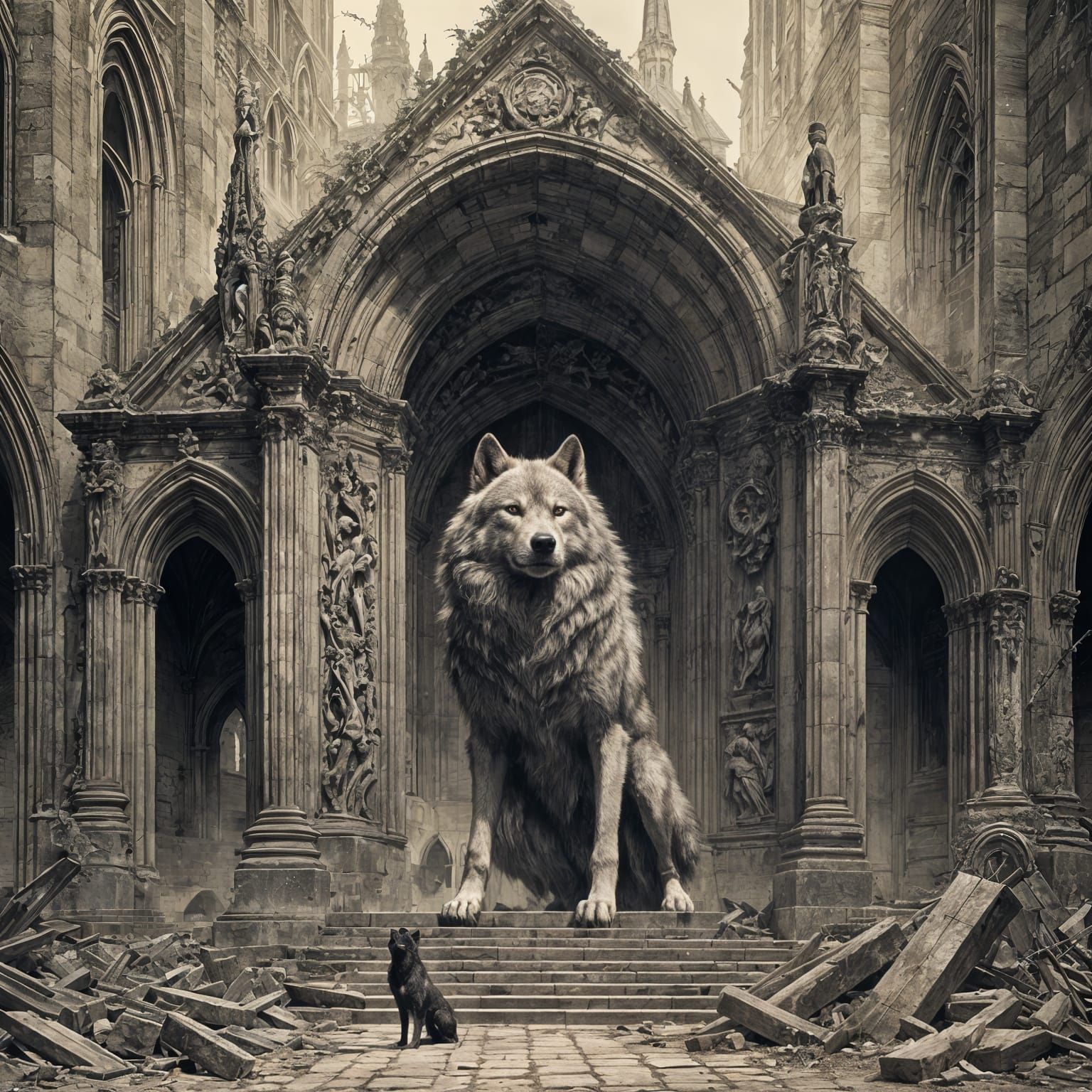 Wolf at Abandoned Cathedral in Ukiyo-e Style