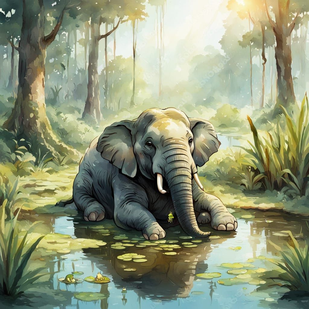 Giant Elephant and Frog in Swamp, Watercolor Style