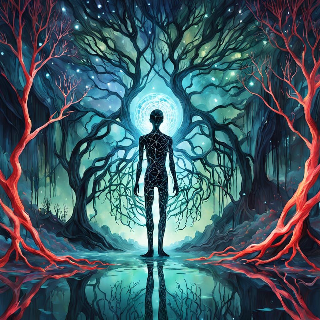 Silhouette Entwined with Glowing Branches in Cyberpunk Dream...