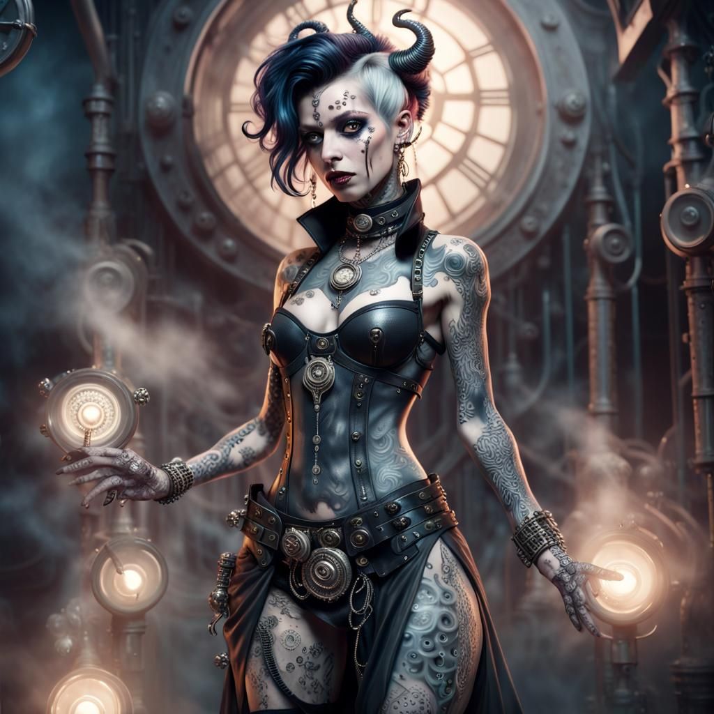 Steampunk Demon Portrait with Tattoos in Digital Art