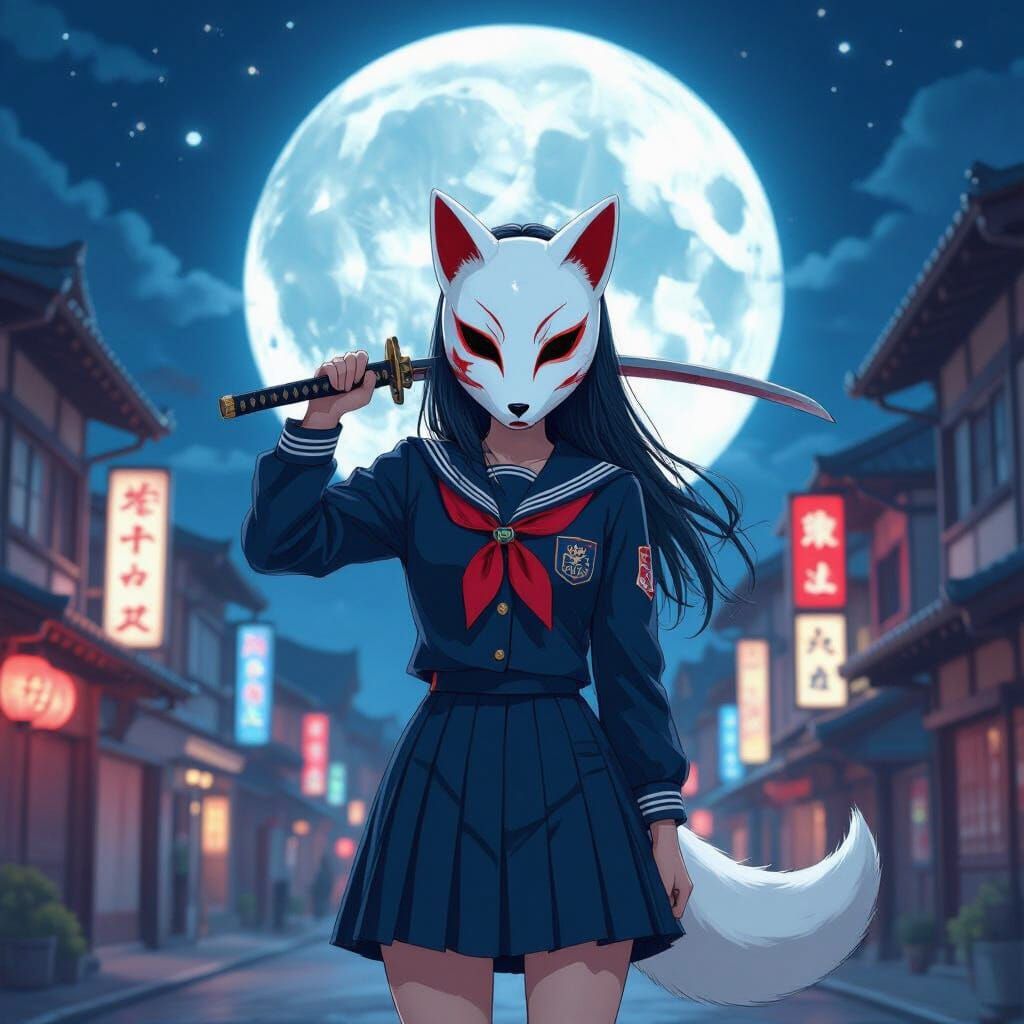 Yandere in Fox Mask Strikes Enemy Under Moonlight