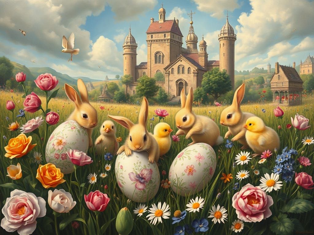 Easter Dreamscape: Bunnies, Chicks, and Renaissance Building...