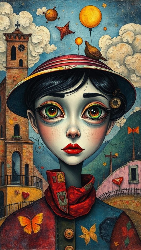 Whimsical Woman With Oversized Eyes in Surreal Landscape