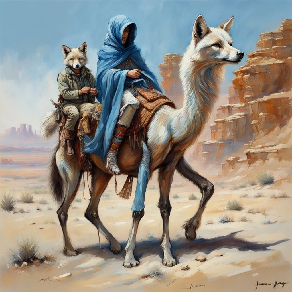 Fox and Wolf Camel Riders in Desert Landscape