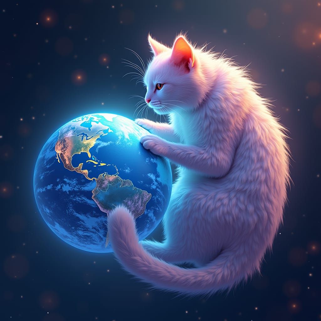 Giant Space Cat Sipping Earth's Oceans