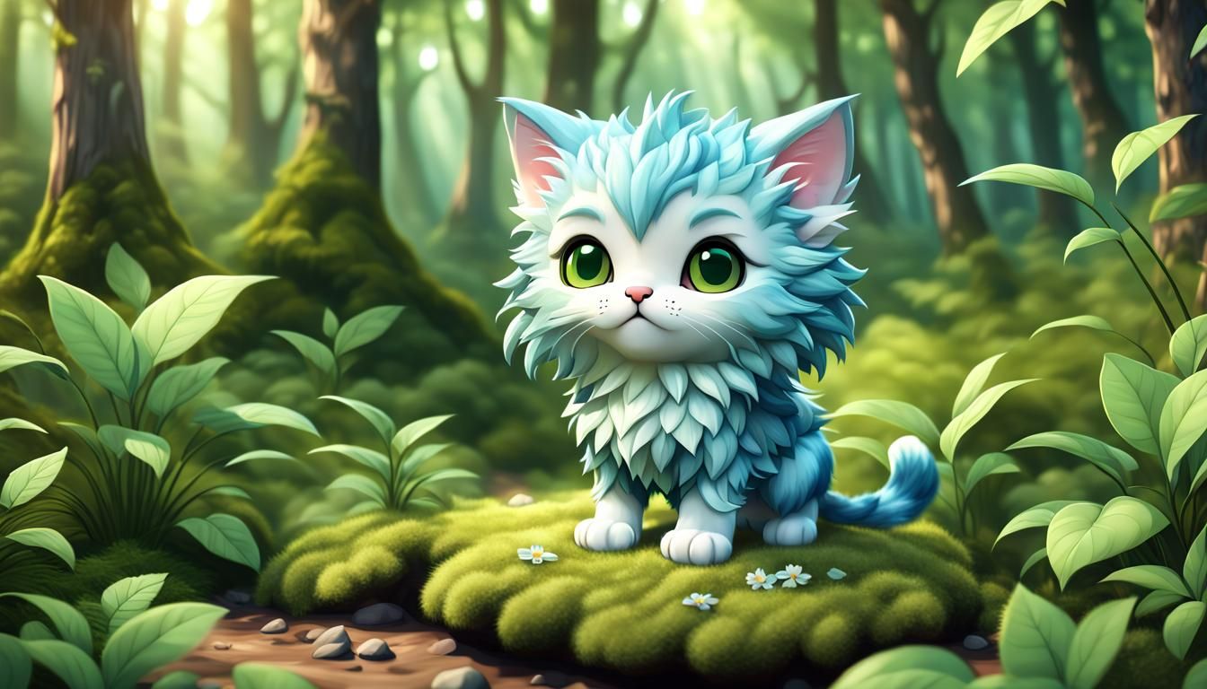 Adorable Chibi Elven Kitten in Summer Forest