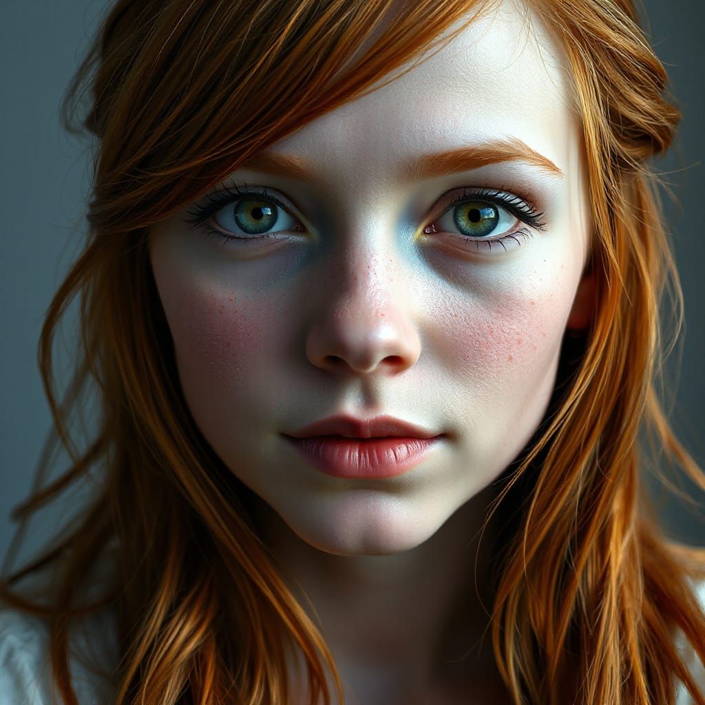 Hyper-Realistic Portrait of a Young Redhead Woman in a Bold,...