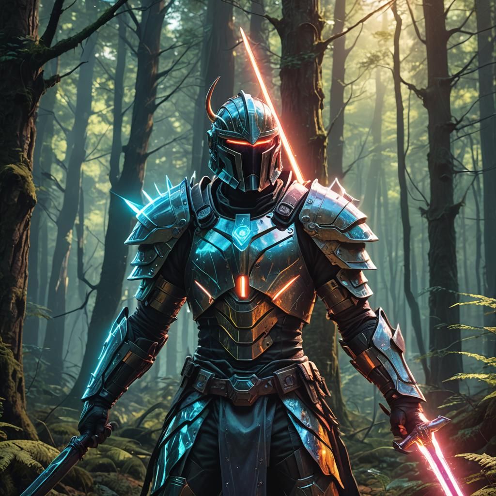 Epic Fantasy Warrior Wields Sword of Light in Luminous Fores...