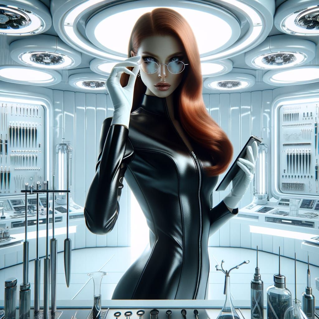 Futuristic Scientist in White Lab with Sci-Fi Tools