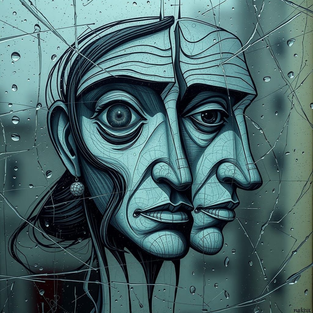 Distorted Faces Emerge on Rain-Speckled Glass