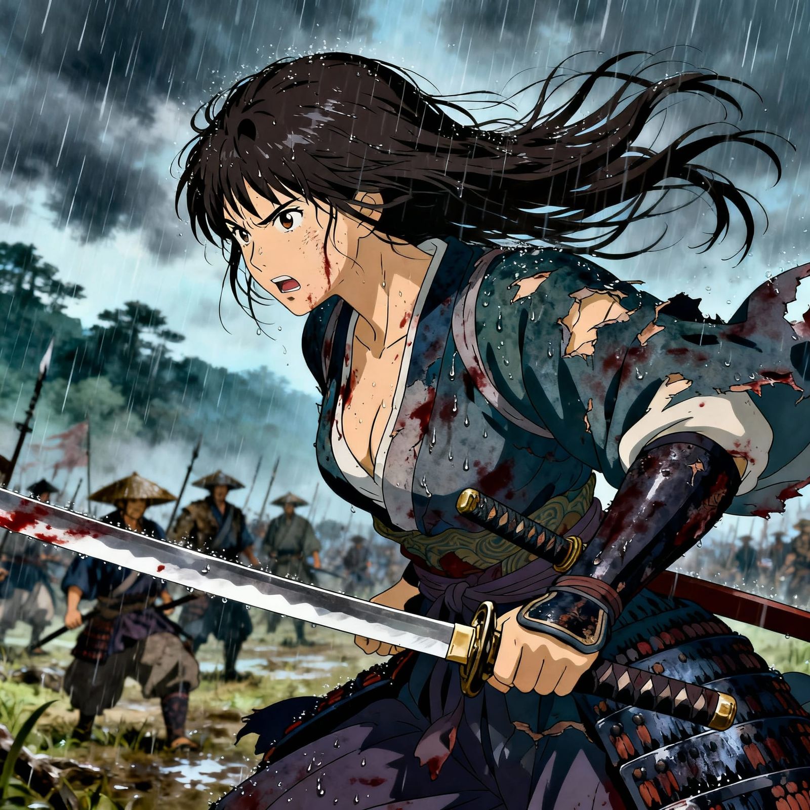Wounded Samurai Woman on Battlefield in Studio Ghibli Style