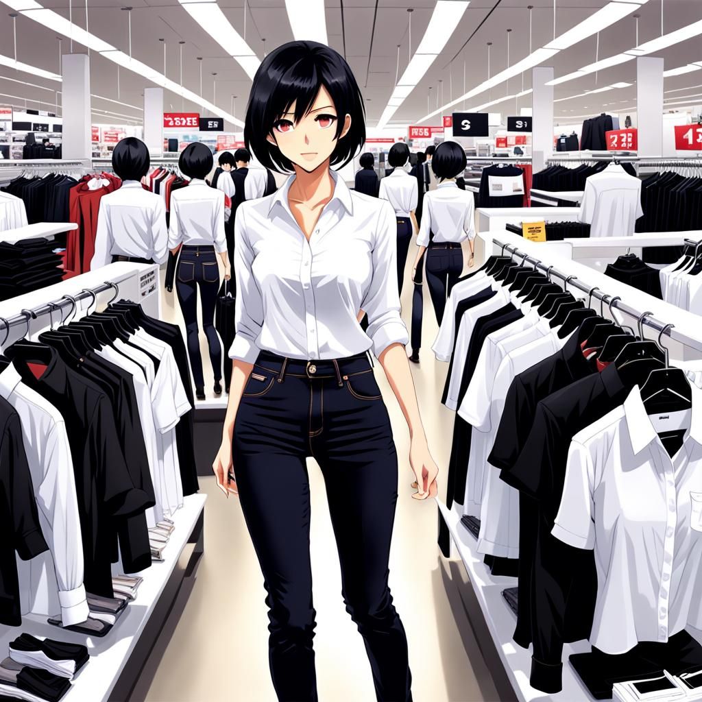 Woman Working in Crowded Clothing Store, Anime Style