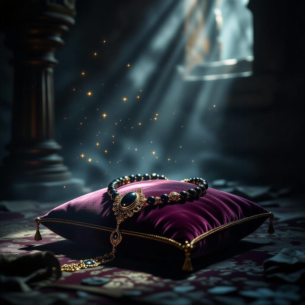 Cursed Obsidian Necklace on Velvet Cushion