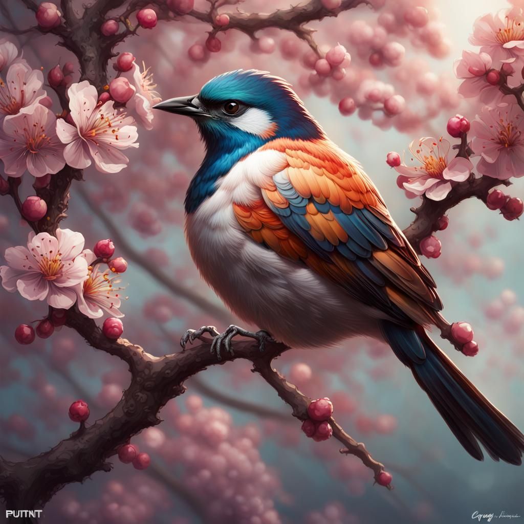 Bird on Cherry Branch in Japanese Style