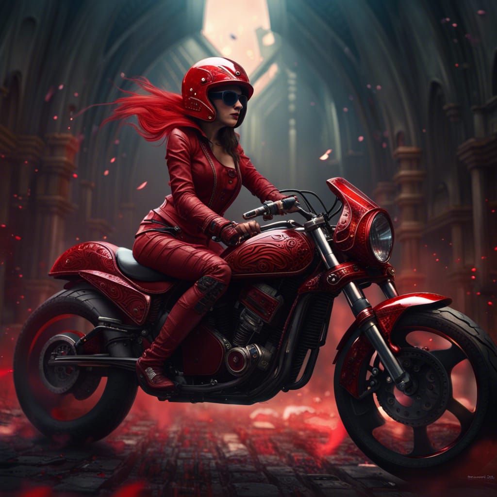 Goth Lady on Motorbike in Detailed Matte Painting