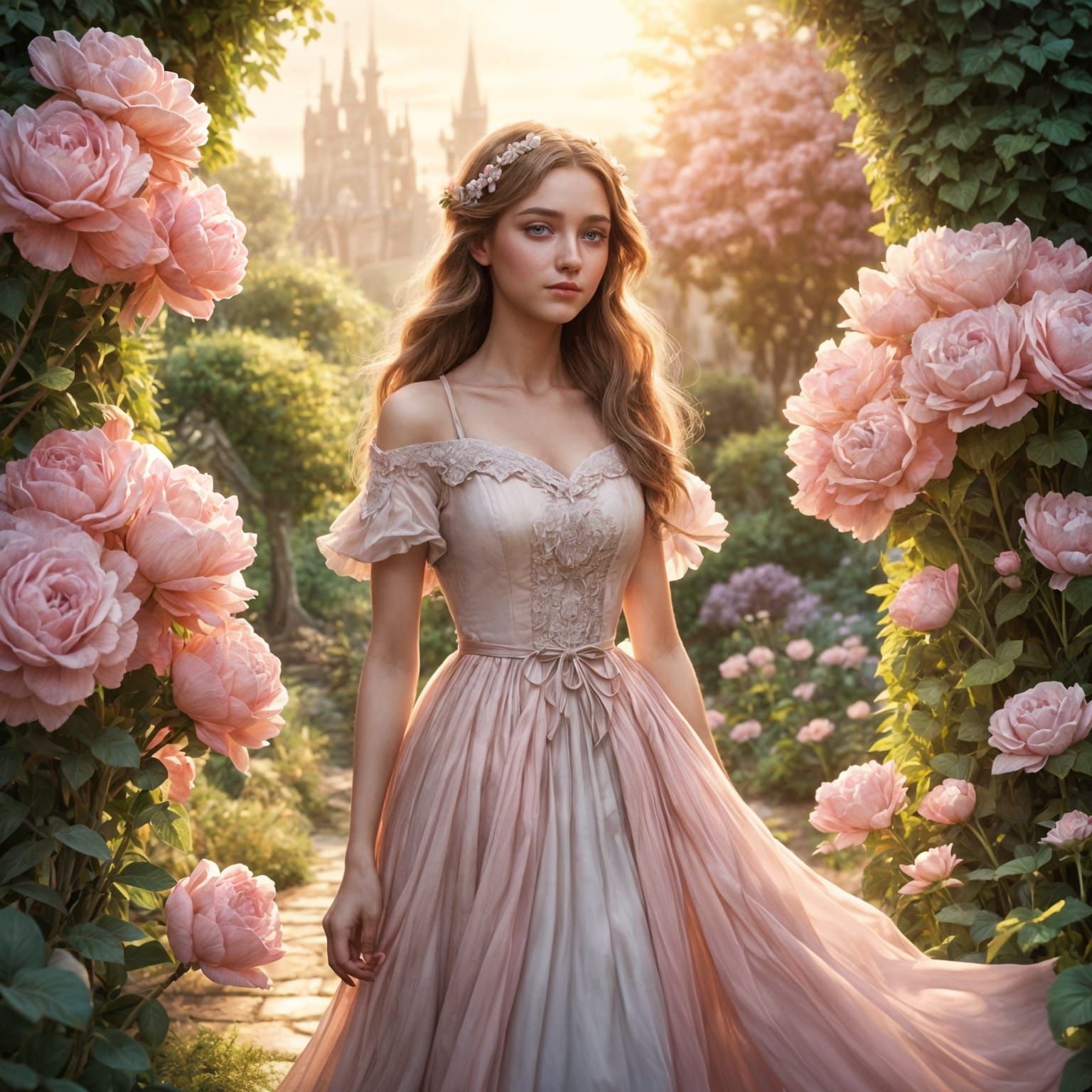 Luminous Garden: Young Woman with Heart, Digital Art