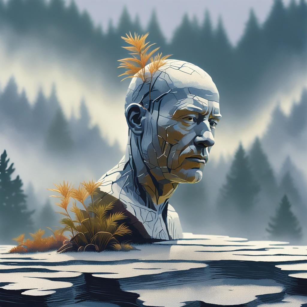 Detailed Portrait in Golden Light, Woodcut and Gouache Style