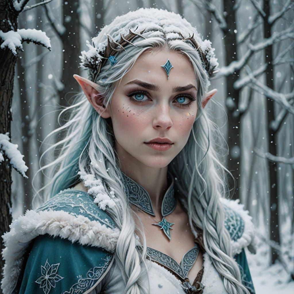 Fantasy Elf in Viking Costume in Winter Wonderland