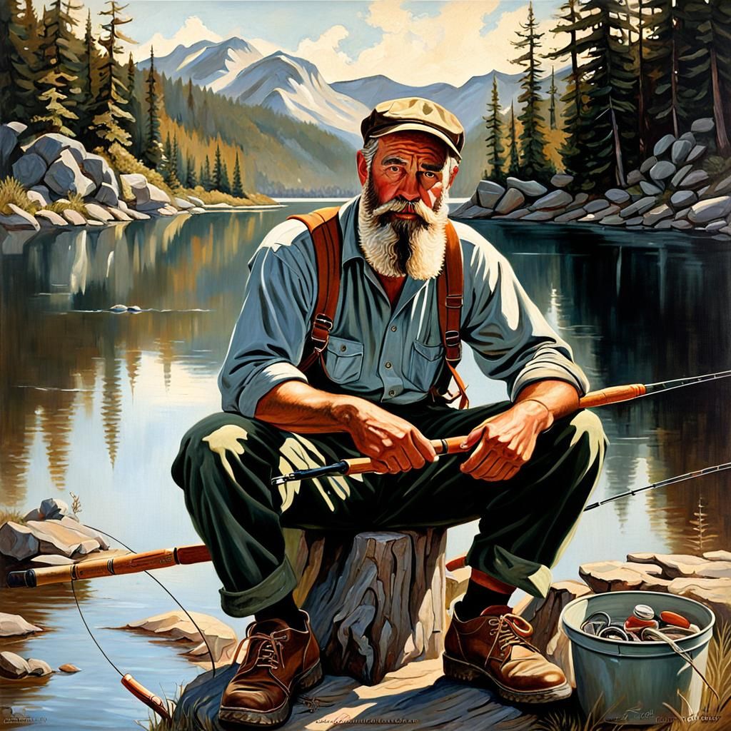 Bearded Man Fishing: Oil Painting in Rockwell Style