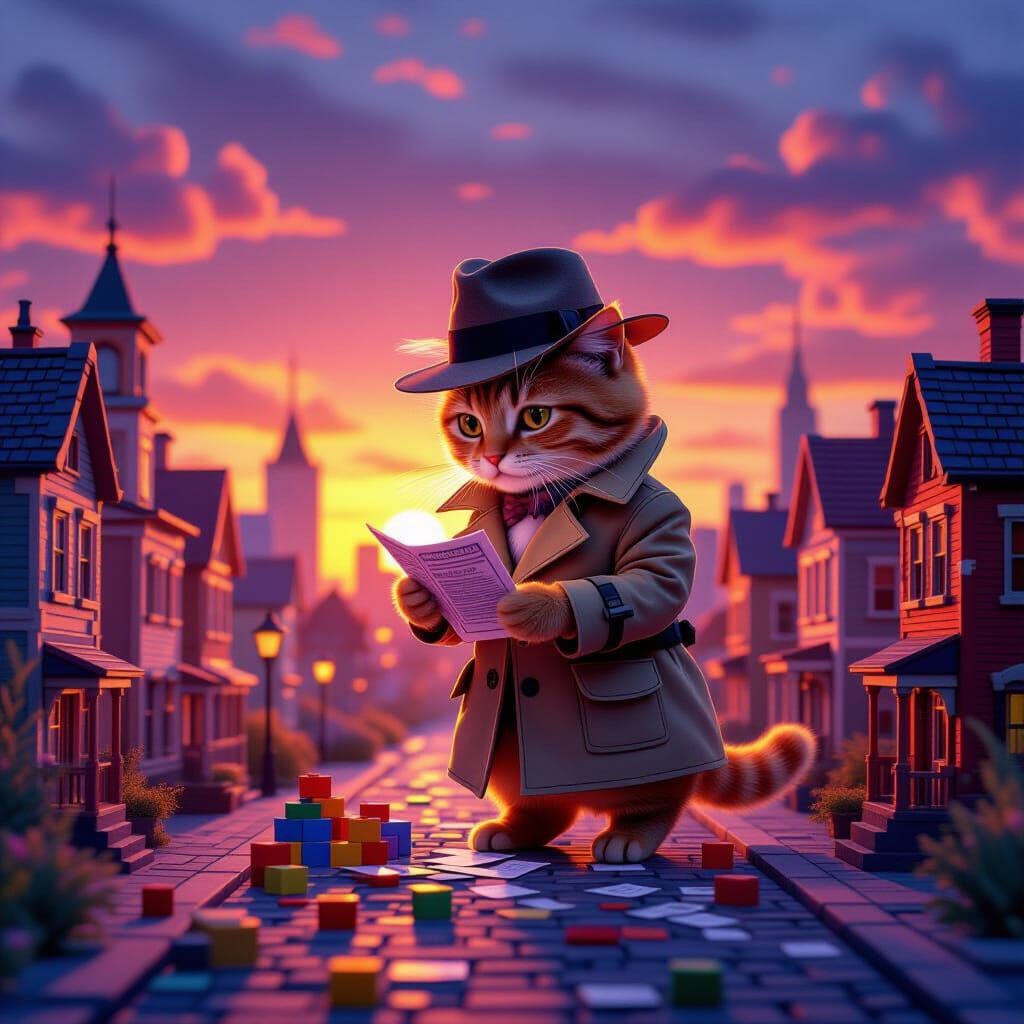 Cat Detective Investigates Lego City at Sunset