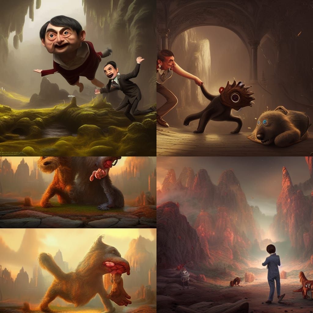 Humorous Dog Pileup: Detailed Matte Painting