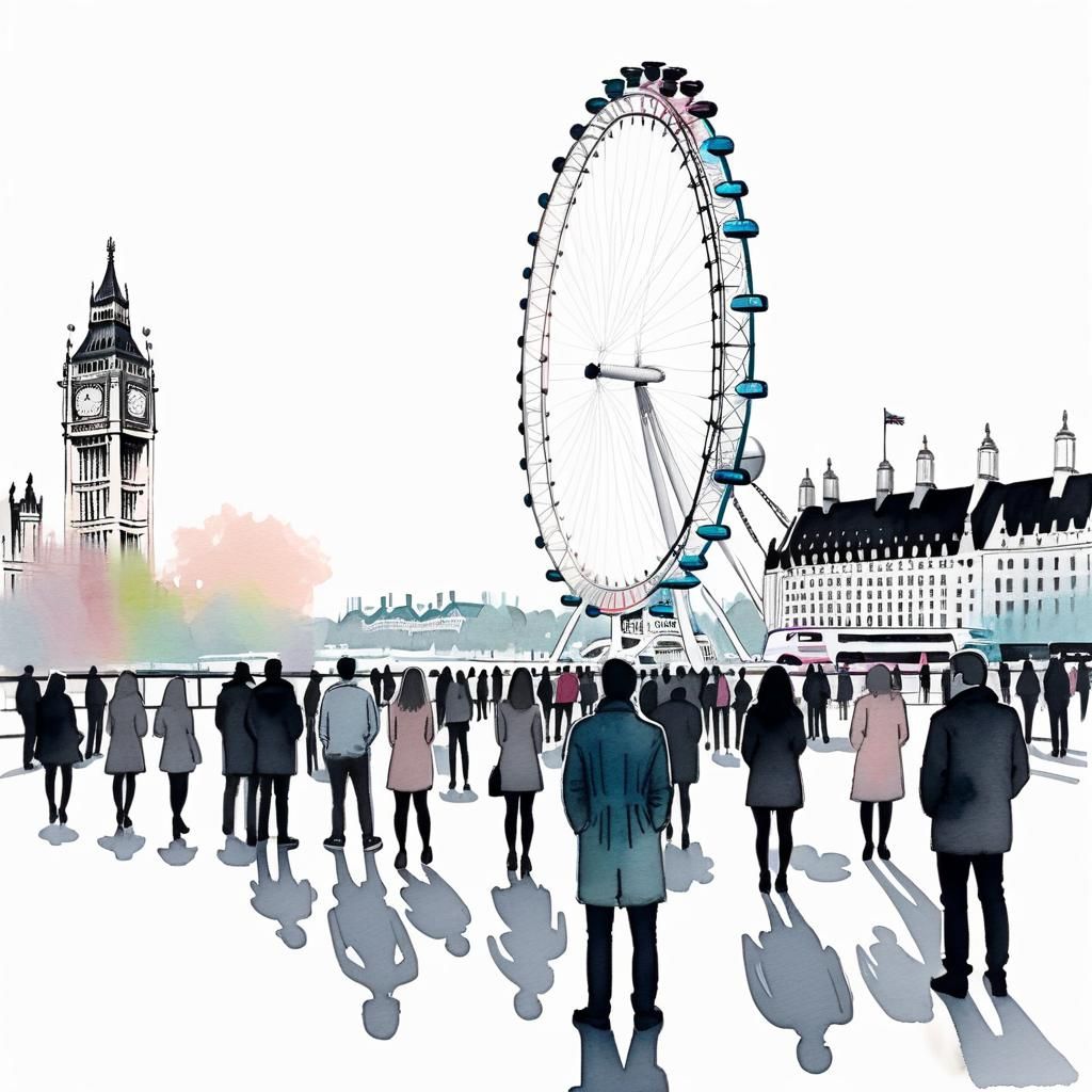 London Eye Line Drawing with Watercolor Accents