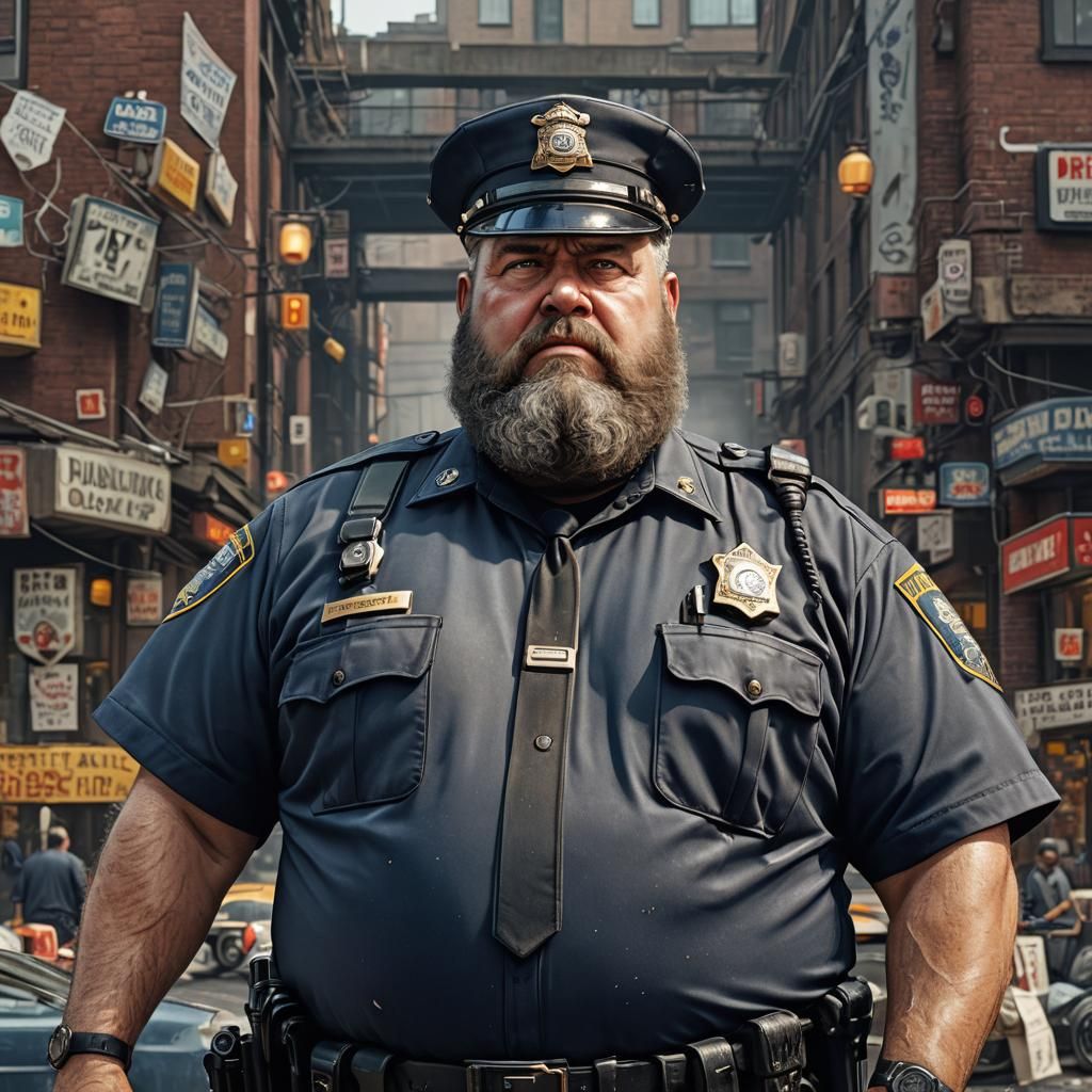 Hyperrealistic Image of Obese Bearded Policeman