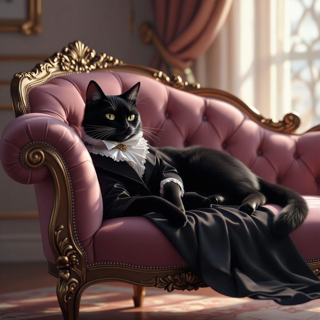 Elegant Black Cat Contemplation in 3D Anime Style