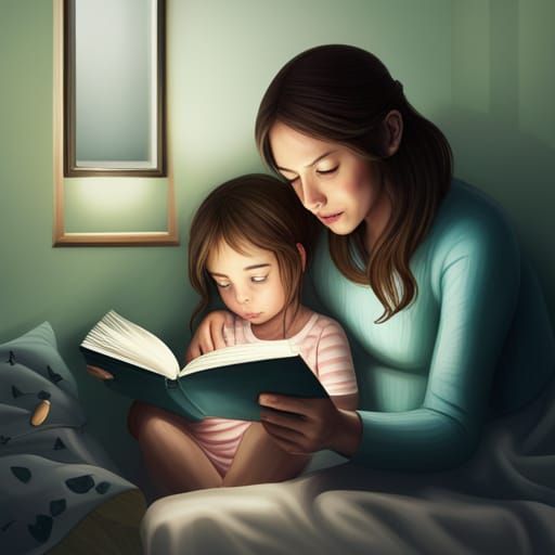 Mother Reading to Daughter in Fantasy Art Style
