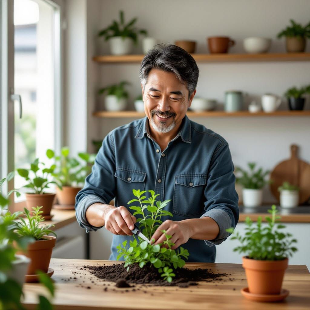 Asian Man Trimming Plants at His Workbench